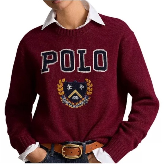 Polo Ralph Lauren Sweaters - Polo Ralph Lauren Women's Burgundy Crest Logo Knit Wool Sweater Size Large NEW